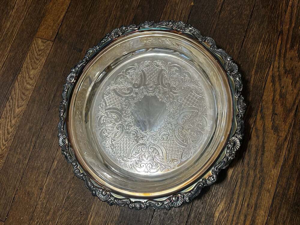 Vintage Sheridan Silverplate Ornate Serving Tray 12 Inch Floral Etched Center